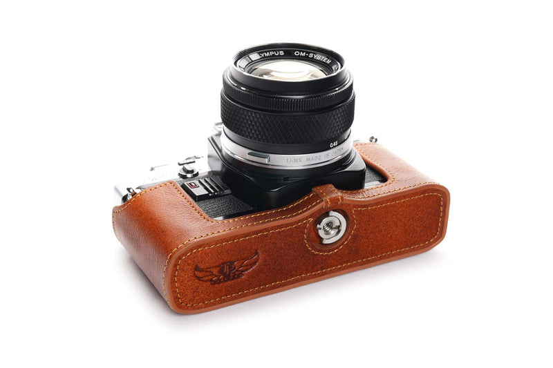 OM30 Case, BolinUS Handmade Genuine Real Leather Half Camera Case Bag Cover for Olympus OM10/30(with Handle) OM20(No Handle) Camera with Hand Strap (LavaBrown) LavaBrown