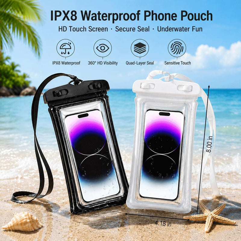 Waterproof Phone Pouch Case-[2 Pack][Easy Lock & Heavy Duty] IPX8 Water Proof Cell Phone Dry Bag for Beach,Swim Protector for iPhone 17 16 15 14 13 12 11 Pro Max Plus, Galaxy S25,7.2",Black and White