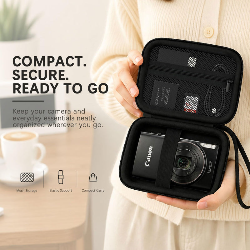 Case for Canon PowerShot ELPH 360 HS A/ 360 HS/ 360/ IXY 650 Digital Camera | Camera Carrying Case Storage Holder Protective Bag. Mesh Pocket Fits Battery Charger Memory Card Accessories. Black+ Black Black+Inside Black