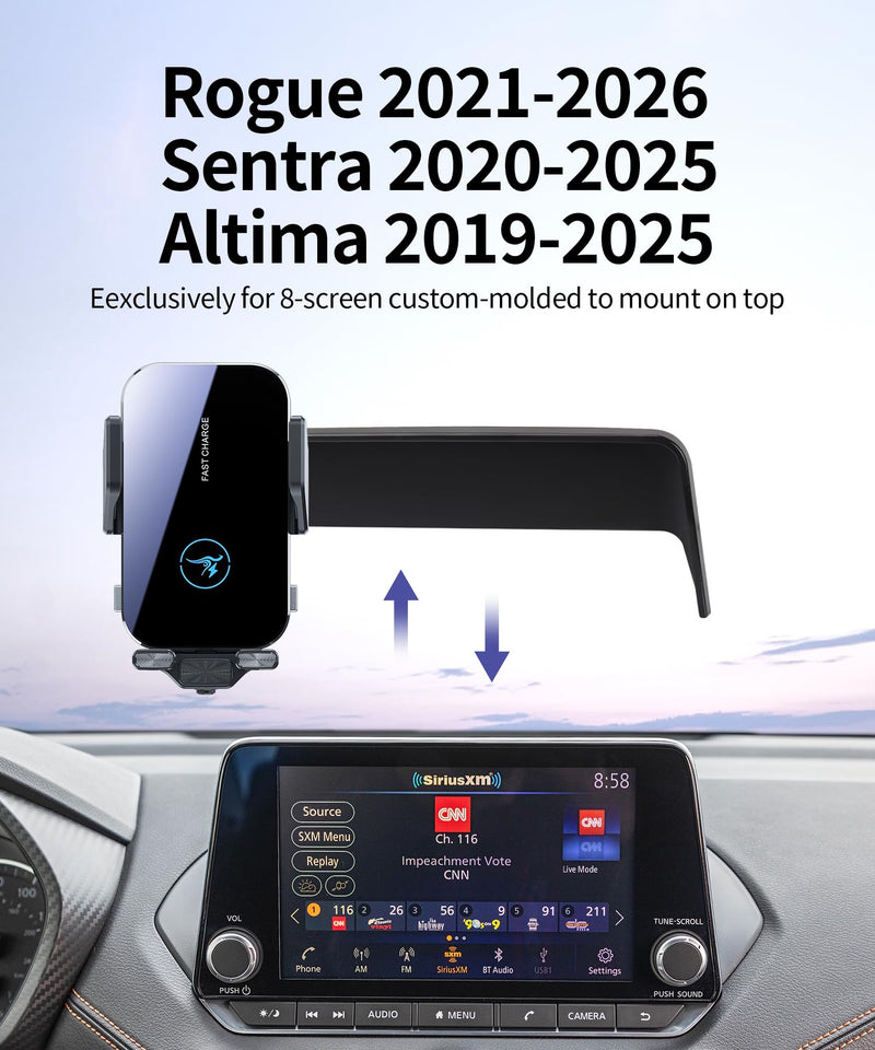 Wireless Charger Car Phone Holder for Nissan Rogue Sentra Altima 8" Screen | Rogue 2021-2026/Sentra 2020-2025/Altima 2019-2025, Auto clamp Cell Phone Mount Accessories 15W Qi Fast Charging Stand