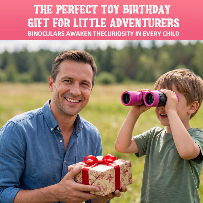 Portable Kids Binoculars 8x21 - Compact Shockproof Real Binoculars for Kids | Great for Bird Watching, Camping, Hiking | Educational Birthday Gift for Boys & Girls Aged 3-12 | Incl. Compass & Carabiner Rose-Pink
