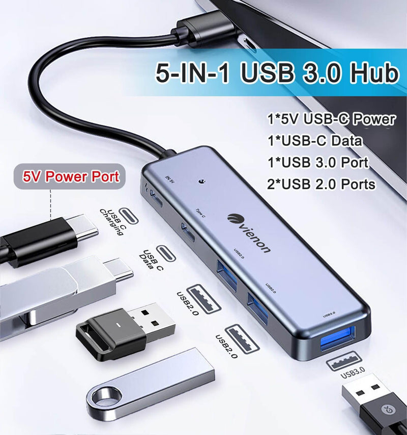 USB 3.0 Hub 5 in 1, USB Splitter with USB-C Power Port, USB-C Data Port, USB Port Hub USB Extender for MacBook, Laptop, Surface Pro, PS4, PC, Flash Drive, Mobile HDD USB 3.0 Hub Silver