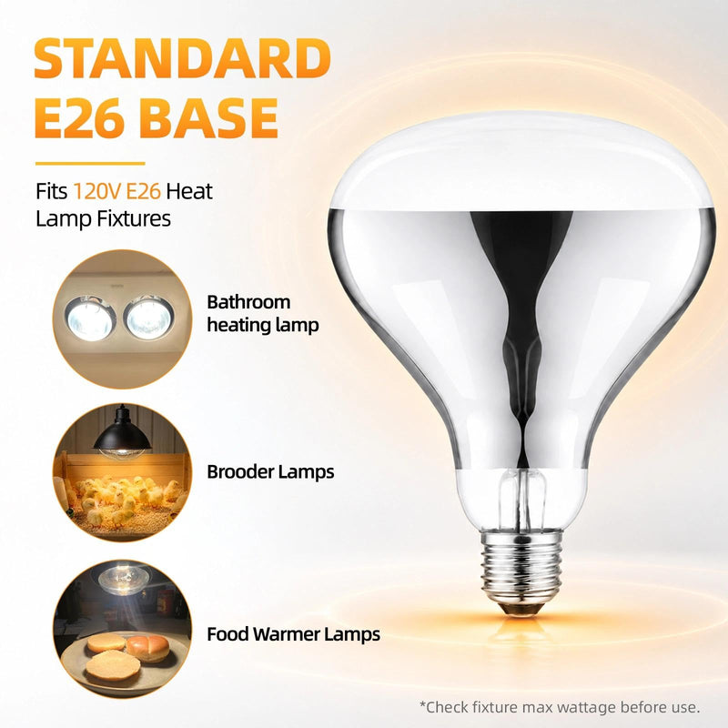 250W Clear Heat Lamp Bulbs, 8000 Hours Rated, R40 Bathroom Shower Incandescent Light Bulb, Infrared Heating for Chickens, Reptiles, Pets, Food, E26 Base, 4 Pack White