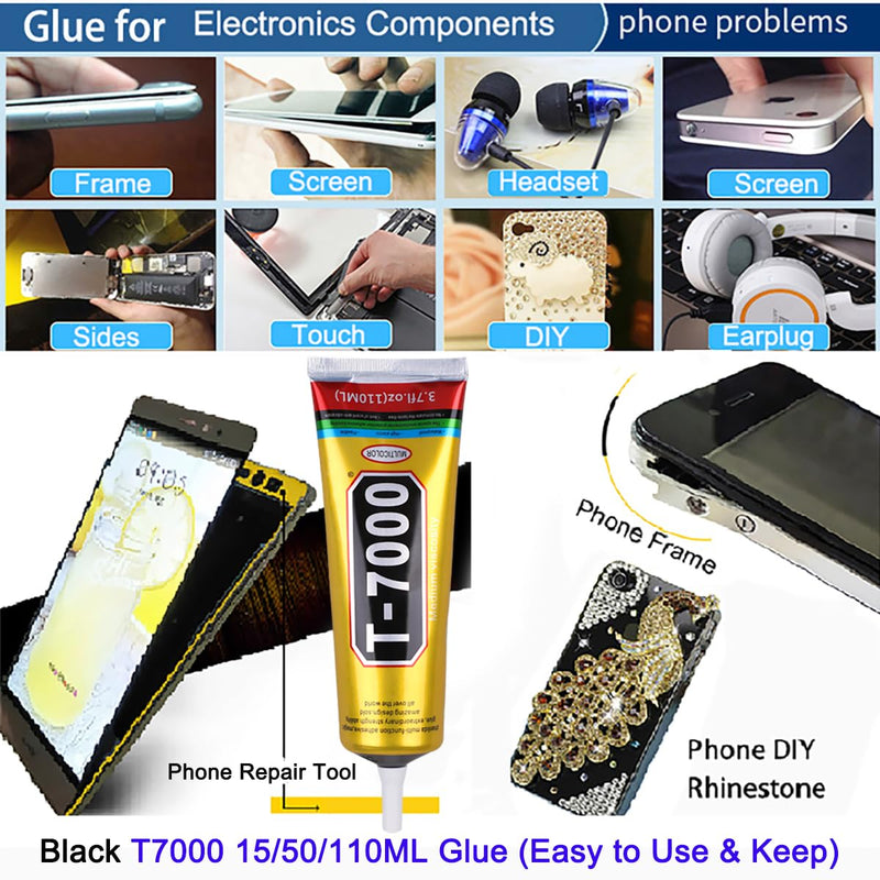 T7000 Black Glue for Cell Phones Mobile Repair Tools kit with Precision Tip, 4Pcs 15ml 50ml 110ml Waterproof Glue Speaker Earphone Electronics Computer Tablets LCD Screen Super Adhesive T-7000 Sealant 4Pcs Bulk T7000 Black Glue with repair tools kit