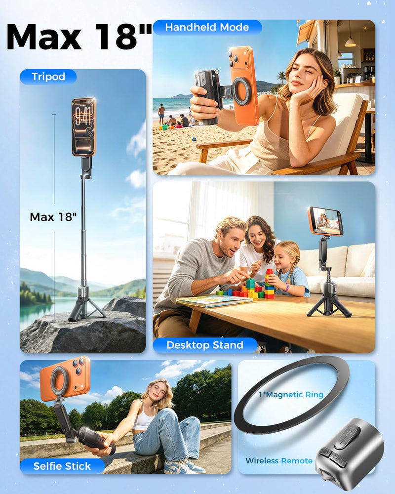 Mini Magnetic Selfie Stick Tripod for MagSafe, Pocket 4.8" Design, 4-in-1 | Zoom Control, Ergonomic Phone Grip, Detachable Multi-Function Bluetooth Remote and Up to 18" Extendable Selfie Stick Black
