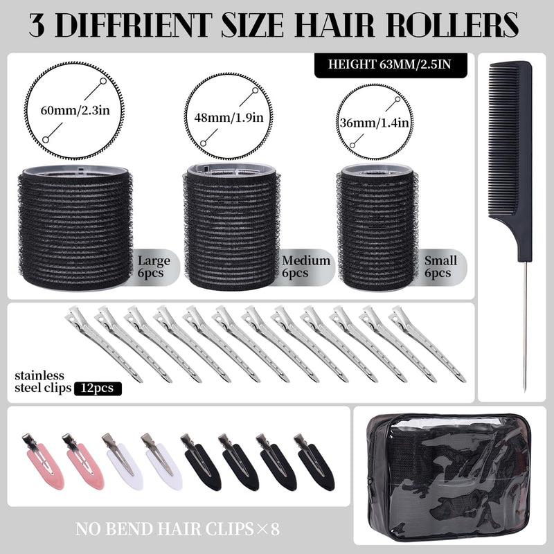Hair Rollers Set 40 PCS, Hair Roller For Long & Short Hair, Velcro Hair rollers, Rollers hair curlers with 18 Self Grip Black Rollers, 16 Hair Clips, 1 Rat Tail Combs&Waterproof storage bag