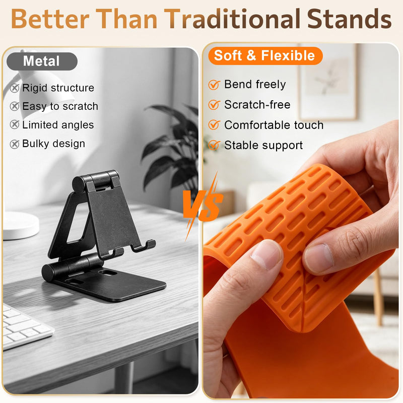 Flexible Silicone Phone Stand with Aluminum Core, Foldable Silicone Phone Holder for Cell Phones, Tablets & Small Devices, Adjustable Desktop & Airplane Phone Holder for Travel, Office & Home (Orange) Orange