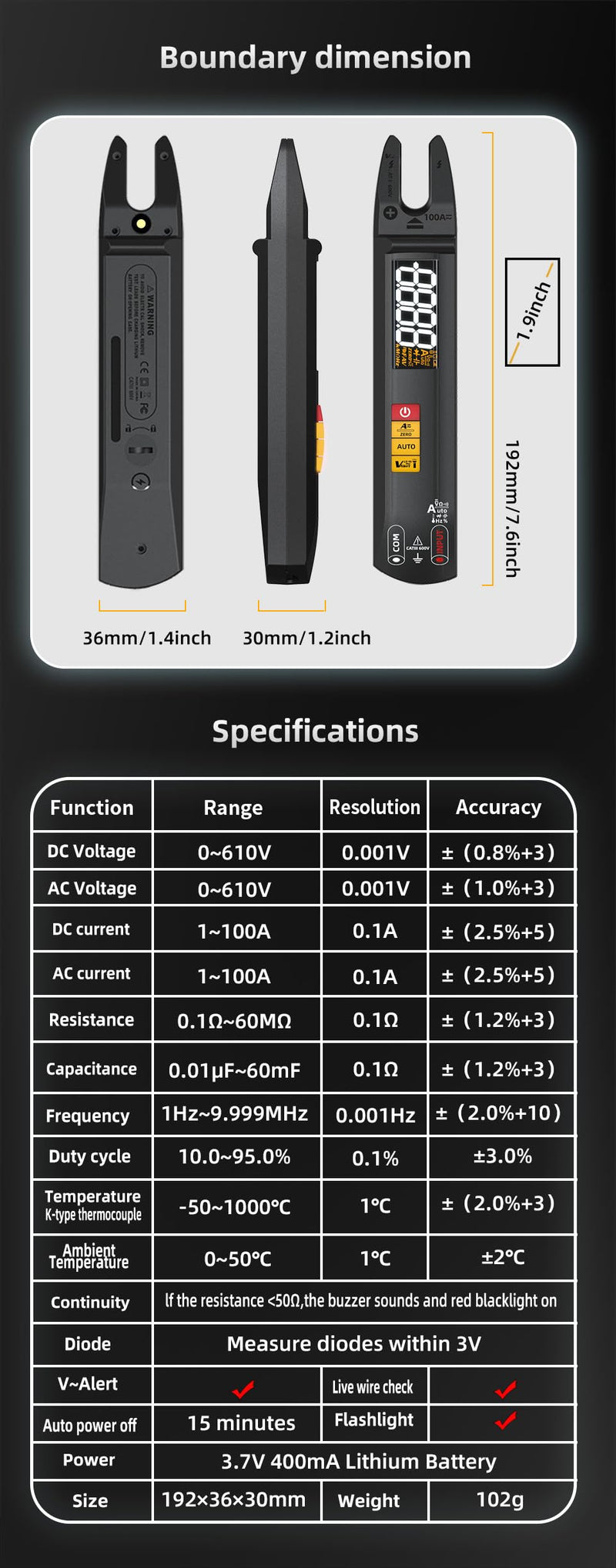 Open Jaw Digtal Multimeter 6000 Counts Clamp Meter, Digital Electrical Tester,Rechargeable with Smart Mode,Measuring Resistance,Capacitance,Frequency,Continuity,Diode,AC/DC Voltage&Current