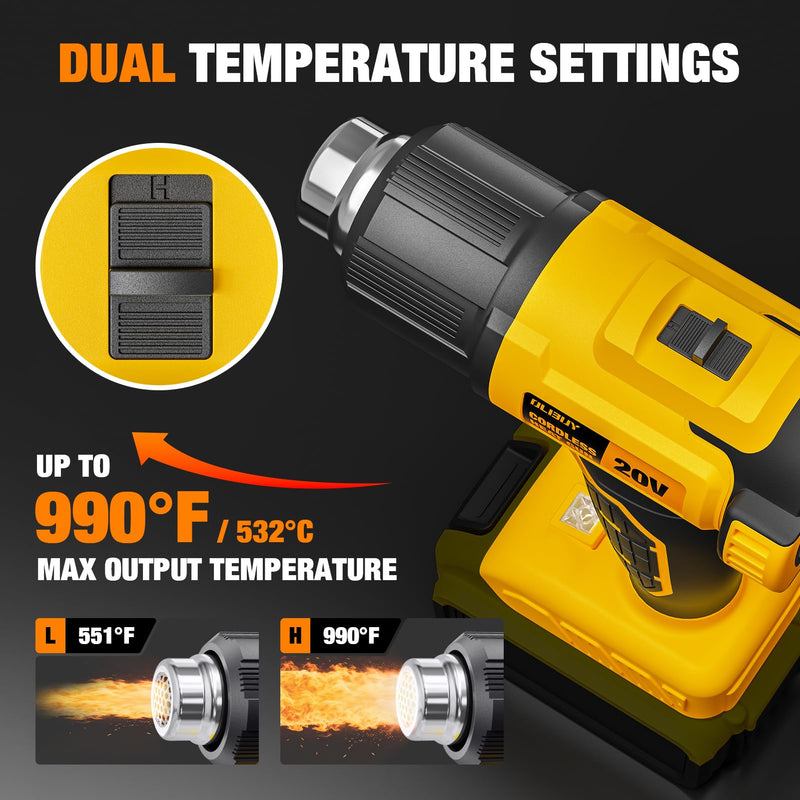 Cordless Heat Gun for De-WALT 20V MAX Battery, 7Pcs Nozzles&Scraper, LED Light, 350W Fast Heating Soldering Hot Air Gun, 2-Temp Setting Max 990℉(532℃), Heat gun for Shrink Tubing, Crafts (Tool Only) Yellow (Battery and Charger Not Included)