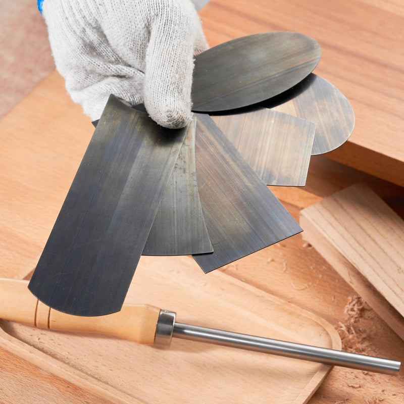 Cabinet Scraper Burnisher with 6 Piece Multi-Shaped Scraper Set 1 Oval 2 Double Convex/concave 1 Rectangle 1 Curved and 1 Gooseneck Scraper (Blue Spring Steel) Blue Spring Steel