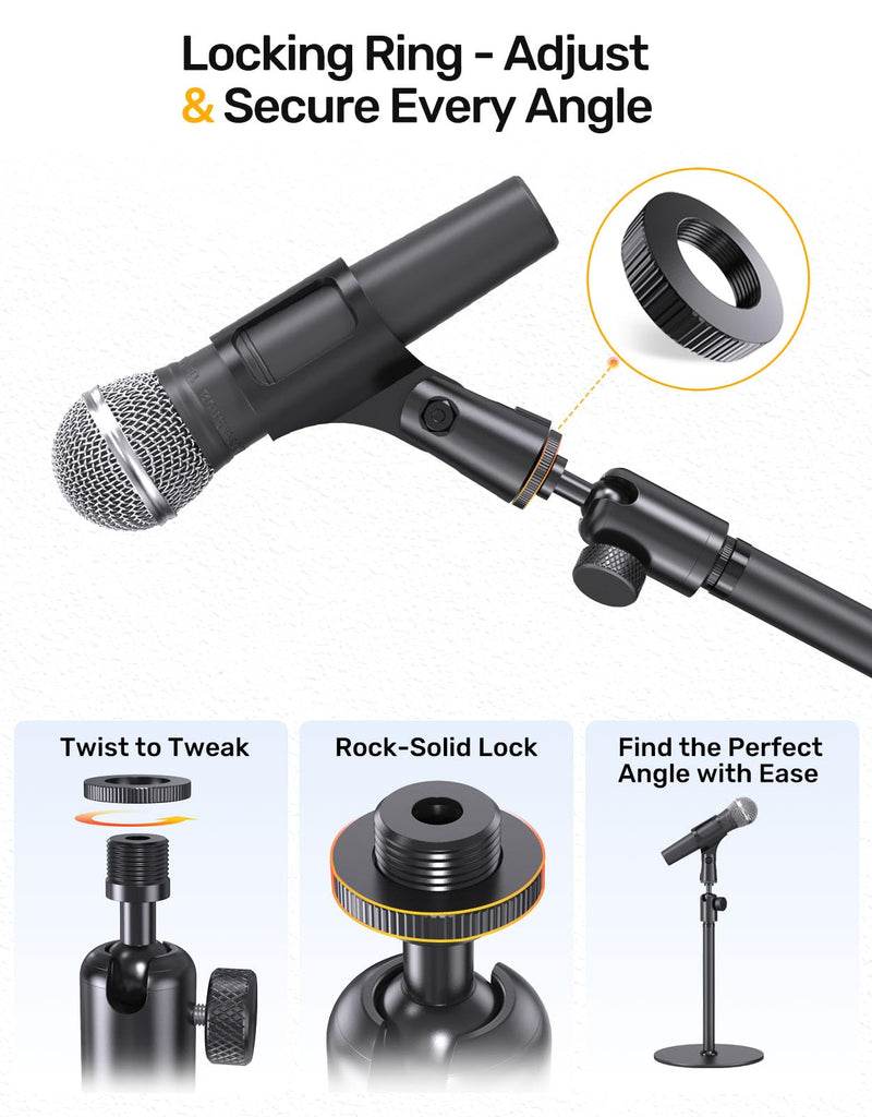 Ball and Socket Head Microphone Adapter with Angle Adjustment | 360° pan, 90° tilt, dual lock with texture, universal threads, aluminum, light & tool-free.