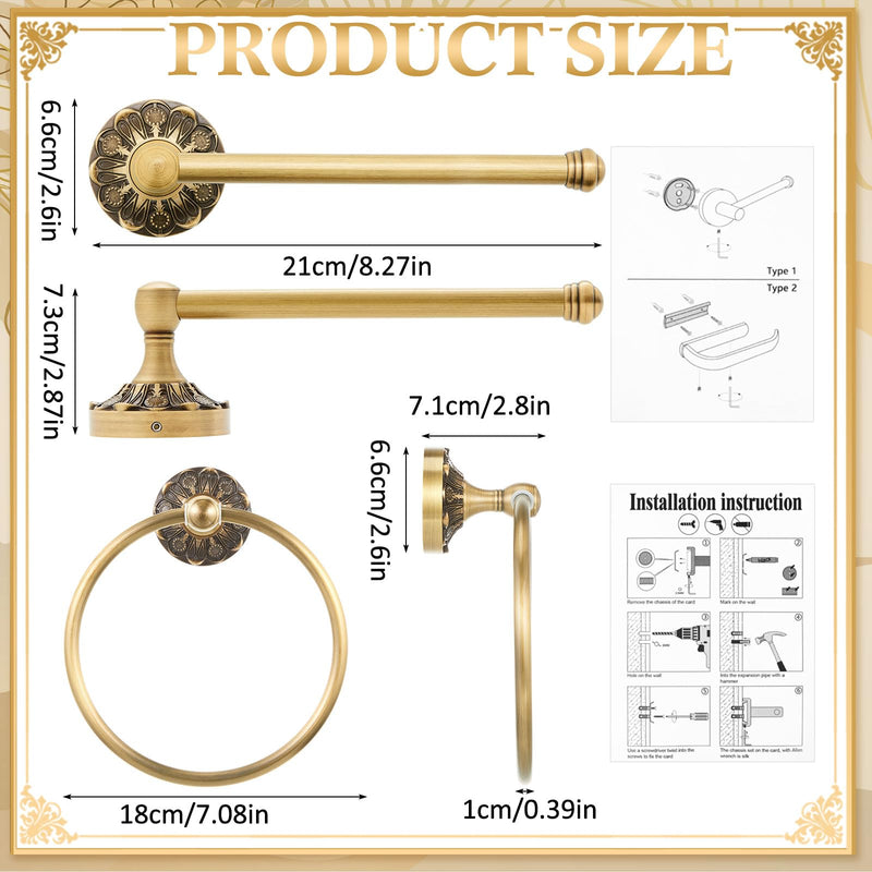2 Pieces Set Antique Brass Toilet Paper Holder Retro Brass Hand Towel Ring Tissue Roll Paper Hanger Bathroom Hardware Wall Mounted Vintage Bathroom Accessories (Round) Round