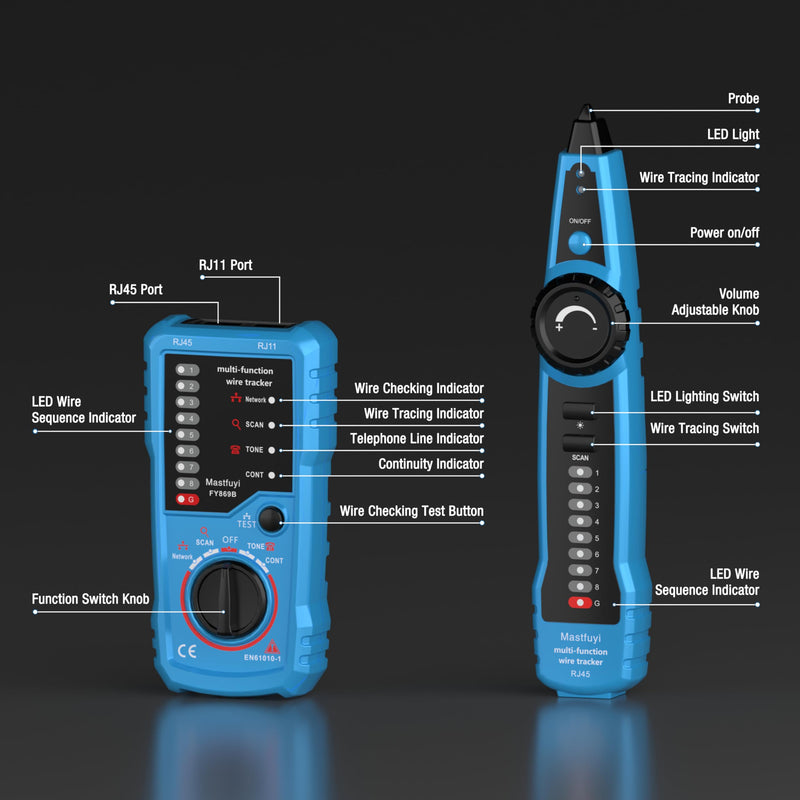 Network Cable Tester, Digital Signal Line Finder with Probe Tone, Ethernet LAN Network Cat5 Cat6 Cable Maintenance Collation, RJ11 RJ45 Cable Tracer, Telephone Line Test-Blue FY869B-lan
