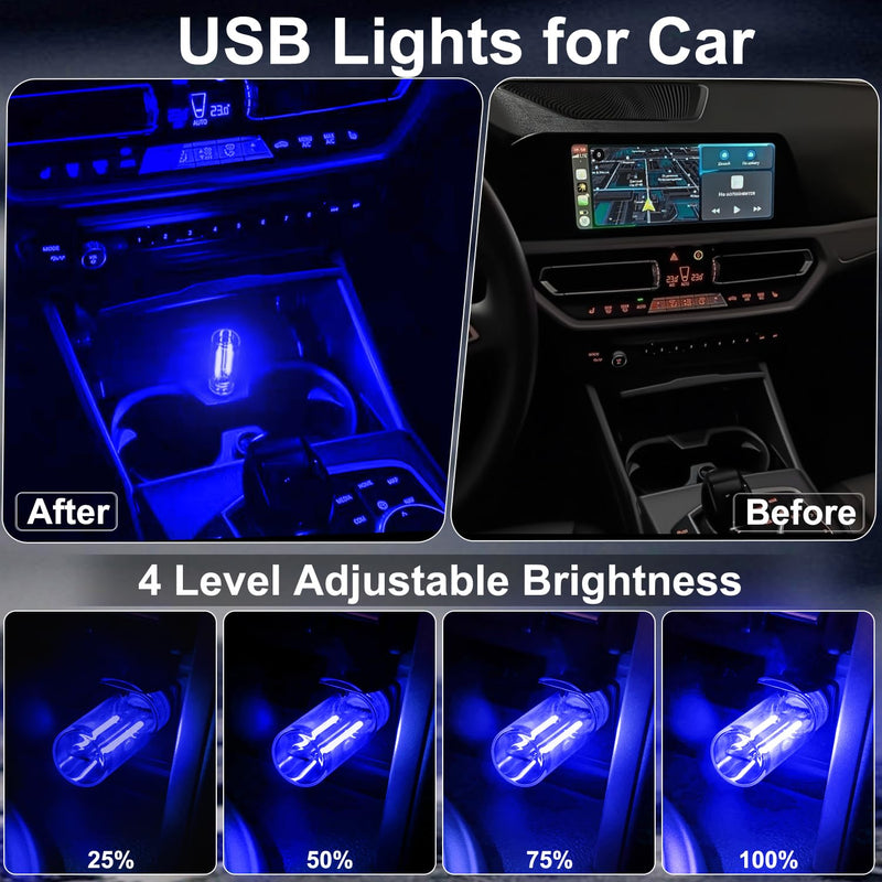 2 PCS Car USB Lights, Plug-in Retro Car Atmosphere Lamp with Touch Dimmable, Portable Mini Glass Bottle LED Bulb Night Lights for Vehicle Bedroom Hallway Camping Holiday Decoration (Blue) blue