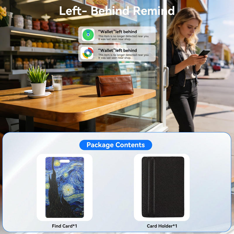 DERAX Wallet Tracker Card (iOS & Android) Wireless Charging & 1-Year Battery, Ultra-Thin IP68 Waterproof Smart Card Works with Apple Find My & Google Find My Device for Wallet, Passport, Luggage