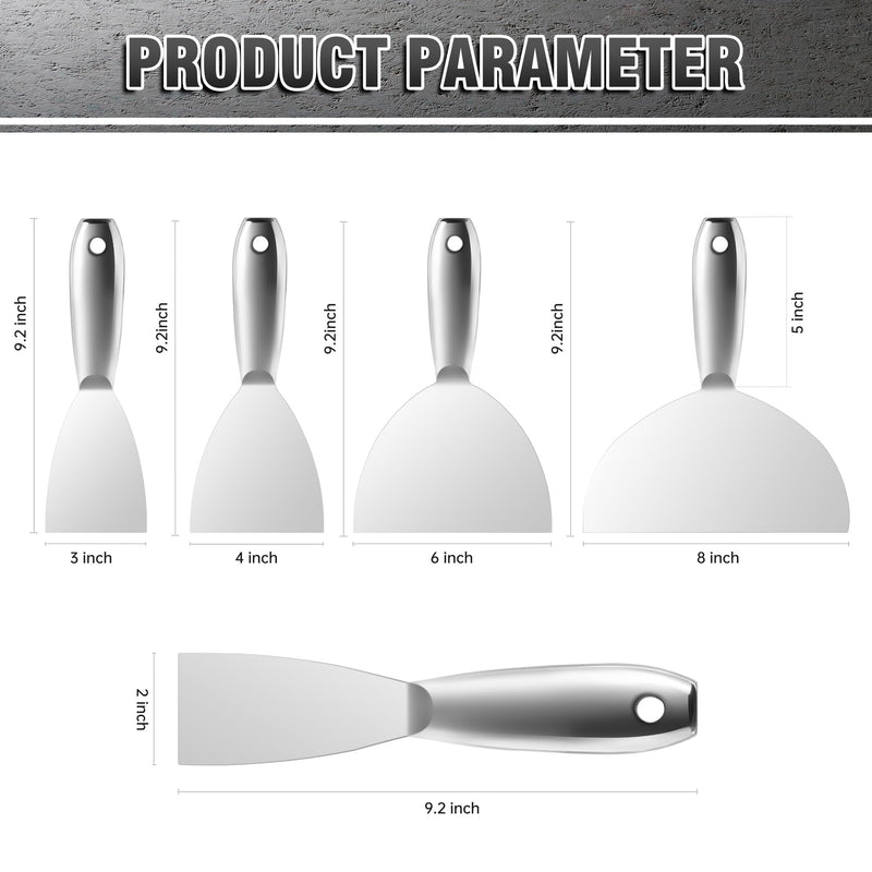Fishark Putty Knife, 5 Pcs Putty Knife Set, 2" 3" 4" 6" 8" Stainless Steel Scraper, Spackle Knife, Wallpaper Scraper Paint Scraper Tool for Drywall Repair, Removing Wallpaper, Mud, Applying Plaster 2" 3" 4" 6" 8"
