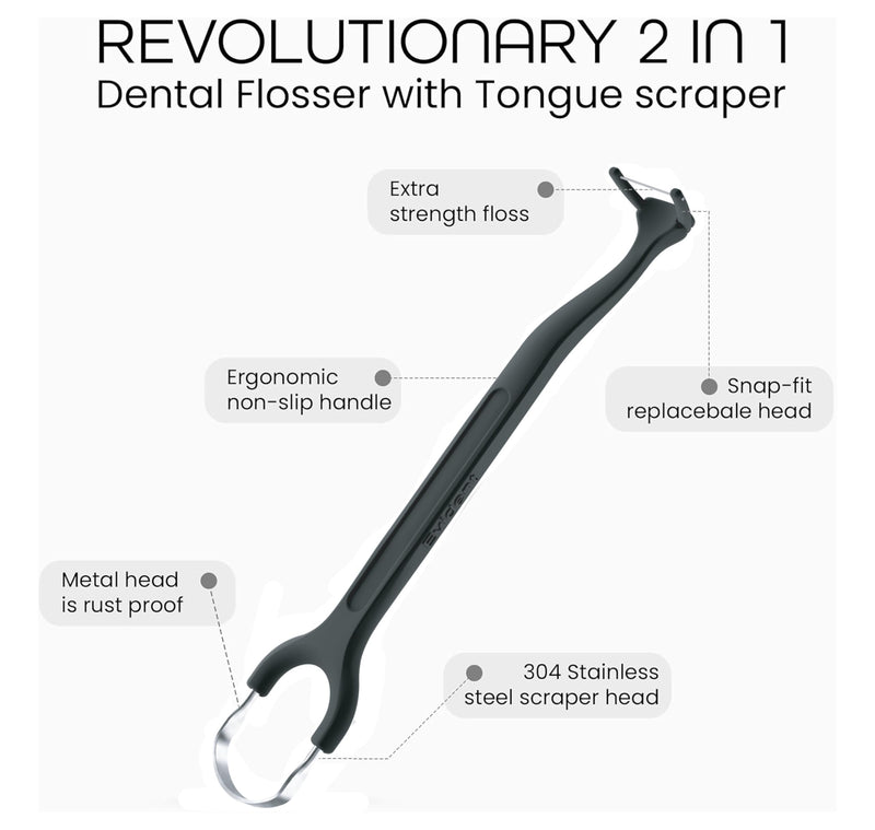 Evident Dental Flosser with Tongue Scraper – 2-in-1 Dental Flosser Kit with 100 Floss Refills – Long Ergonomic Handle for Plaque Removal & Fresh Breath Black 1 Black Handle + 100 Refills
