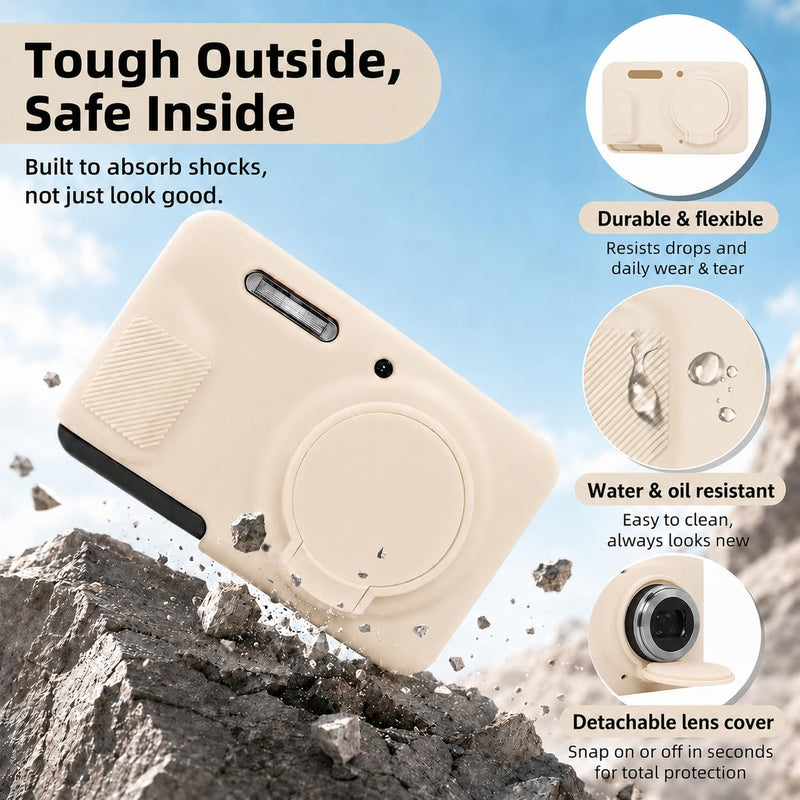 Case for Kodak PIXPRO FZ55 Digital Camera,Silicone Camera Case with Removable Lens Cover,Cute Beaded Charm Strap& 2 Pack Screen Protectors,Aesthetic Travel Camera Accessories (Beige) Beige