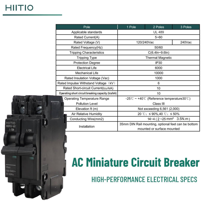 AC Miniature Circuit Breaker 60 Amp 120V/240V 2-Pole DIN Rail Mount (35mm) Circuit Breaker UL 489 Listed HCB1U-60 MCB