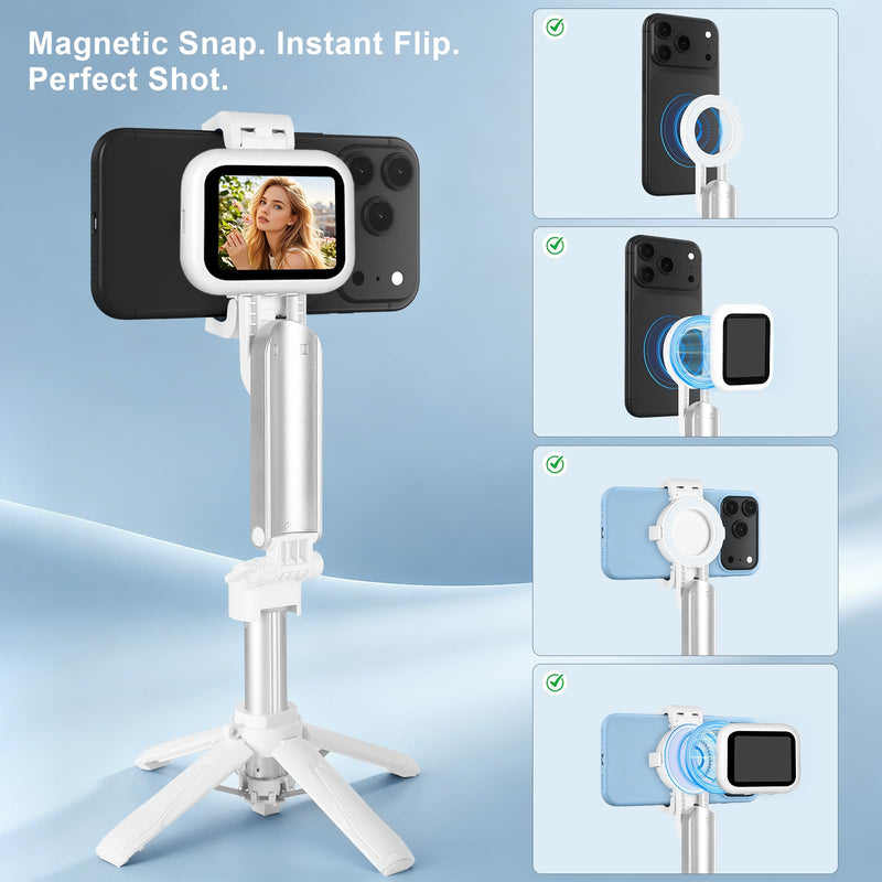 Magnetic Selfie Stick Tripod with Selfie Monitor, Aluminum Phone Holder, 360° Rotatable Stand, Wireless Remote, Portable Vlogging Kit for iPhone & Android