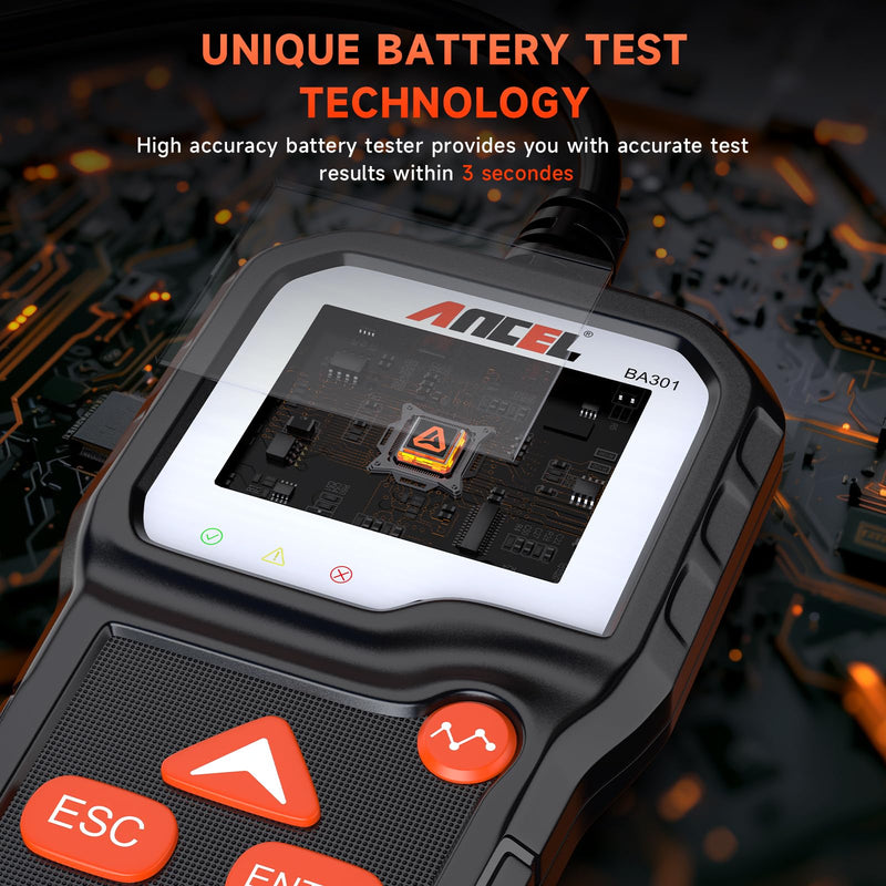  [AUSTRALIA] - ANCEL BA301 6V 12V Car Battery Tester, 100-2000 CCA Automotive Load Tester Alternator Tester Auto Digital Battery Analyzer Cranking and Charging System Test Tool for Motorcycle Car Boat Truck SUV ATV