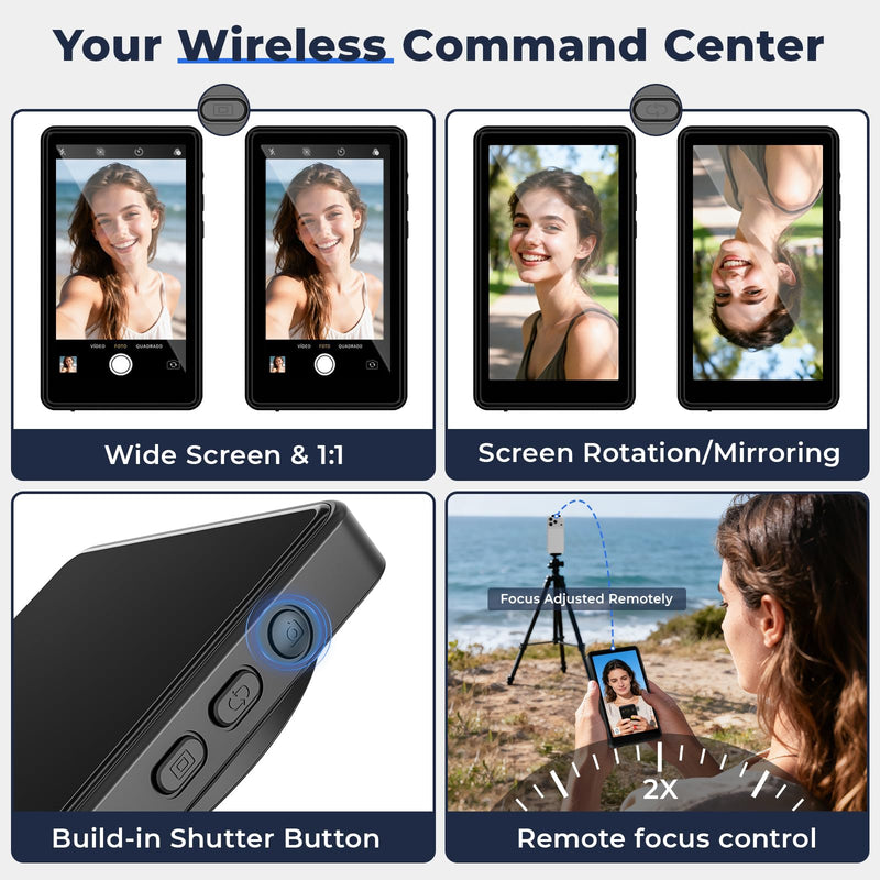 Selfie Monitor Screen iPhone, Magnetic Back Camera Monitor iPhone & Android | Wireless Vlog Screen with 164 ft Remote Zoom Shoot, Built-in Speaker, 1500mAh Battery, for Vlogging Live Stream Black