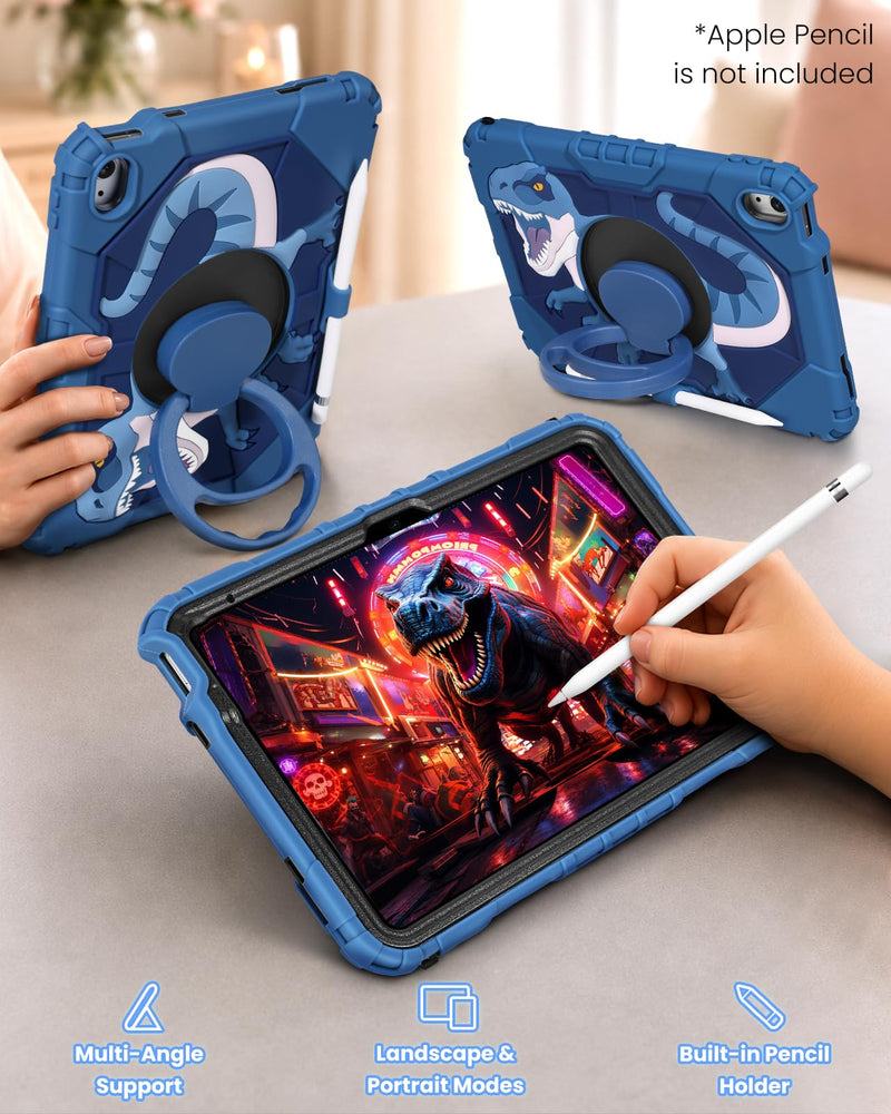 Uppuppy for iPad A16 Case 2025 11 inch/for iPad 10th Generation Case - Rugged Heavy Duty Shockproof Protective Cover with Pencil Holder, Rotating Stand, Shoulder Strap for Kids, Boys, Blue Dinosaur