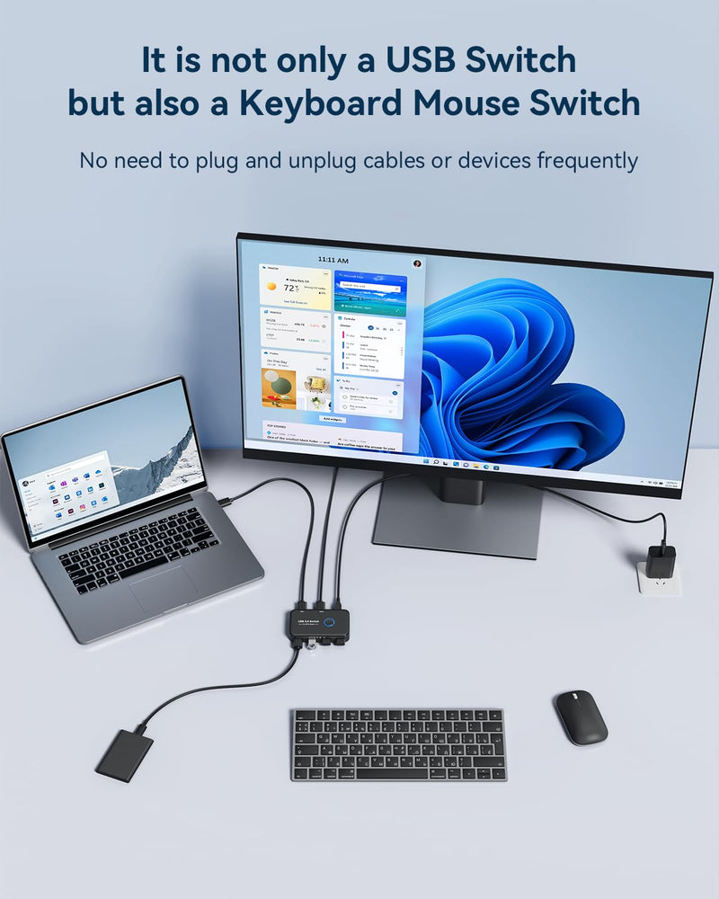USB 3.0 Switch, ABLEWE KVM Switch Selector 2 Computers Sharing 4 Devices KVM Switcher for PC, Printer, Scanner, Mouse, Keyboard with 2 Pack USB Cable,1 Micro USB Power Cable Black