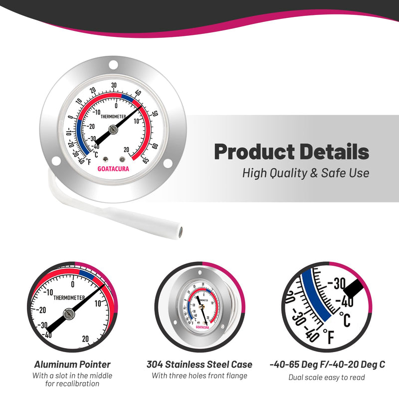 Vapor Capillary Refrigeration Thermometer, Stainless Steel Flanged Panel Mount, 2" Dial Size, 48" Capillary, -40-65 Deg F/-40-20 Deg C
