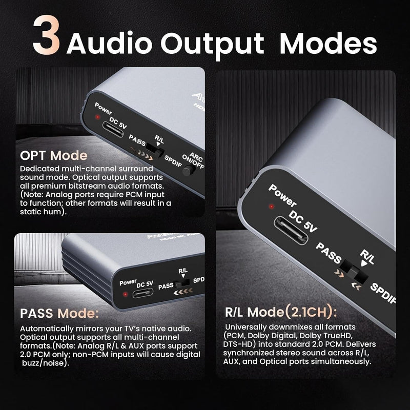 ARC HDMI Audio Extractor 4K@60Hz eARC/ARC to Optical SPDIF RCA AUX | Supports LPCM 5.1/DTS, converts HDMI ARC/eARC audio to Optical SPDIF, RCA and 3.5mm AUX for TV, PS5 and soundbar 4K60HZ ARC