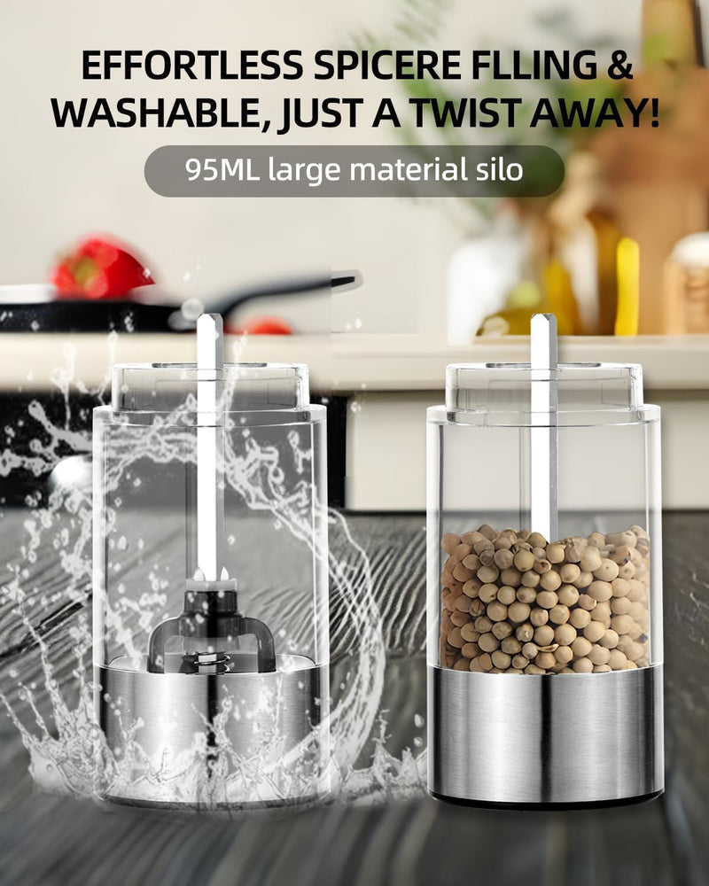 Electric Salt and Pepper Grinder Set, Pepper Mill With Adjustable Coarseness, 95ml Large Silo,Rechargeable Salt Pepper Shakers Steel Body with Ceramic Grinding Head, Brush, Visuable Window Led Light 2