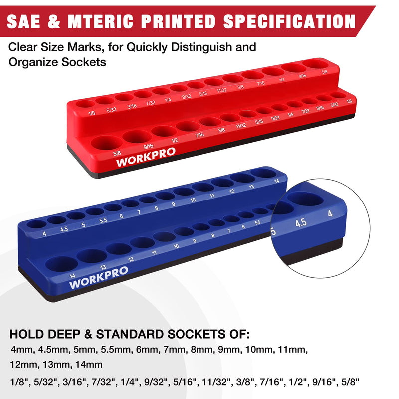 WORKPRO 1/4-inch Magnetic Socket Organizer Set, 2-Piece SAE & Metric Socket Holders, Holds 52 Standard and Deep Sockets for Tool Box, Tool Carts (Sockets Not Included) 1/4" SAE&Metric