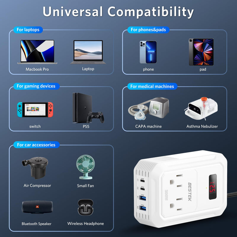 BESTEK 200W Car Power Inverter - DC 12V to 110V AC Converter with 2 USB-C(30W) and 2 USB-QC(18W) - Fast Car Charger Adapter with LCD Screen, Dual AC Adapter for Laptops White