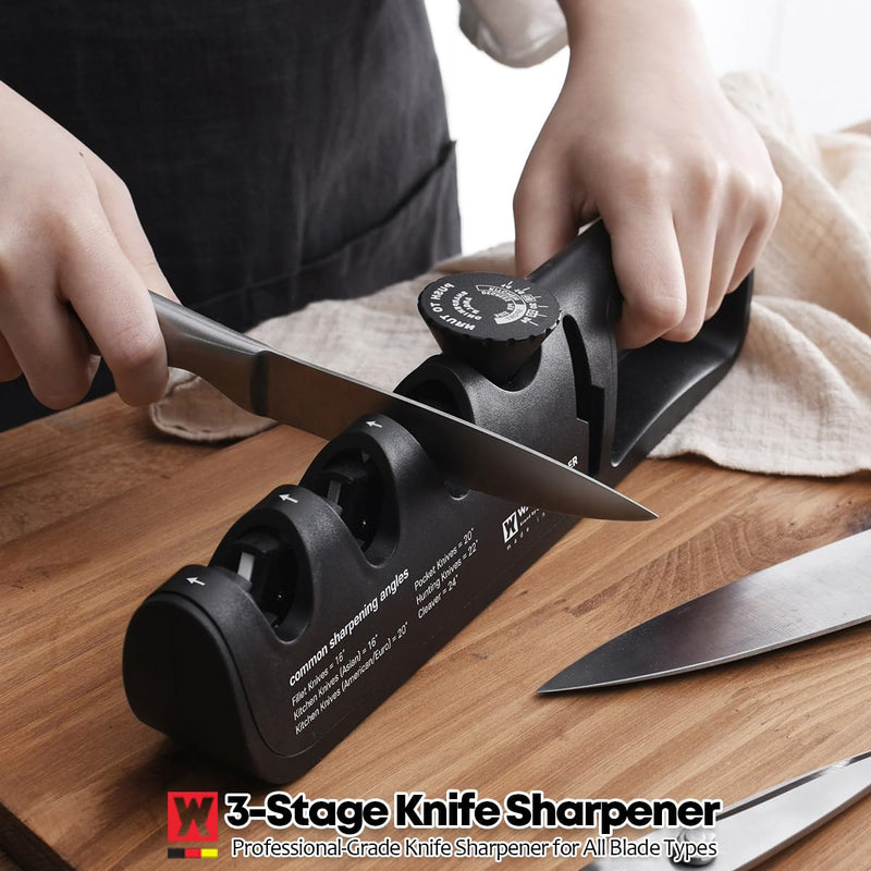 Handheld Knife & Scissors Sharpener with Adjustable Sharpening Angle Controller, Sharpens Kitchen Knives & Pocket Knife, Non-Slip Bottom Pad (Tungsten + Emery + Ceramic + Scissors Slot)