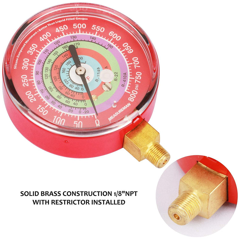 Measureman Refrigeration Pressure Gauge Kit, 3-1/8" Dial, Blue Dial & Red Dial, 1/8" NPT Lower Mount, 30inHg-0-250psi, 250-500psi & 0-800psi 3-1/8" Dial (Red & Blue Kit)
