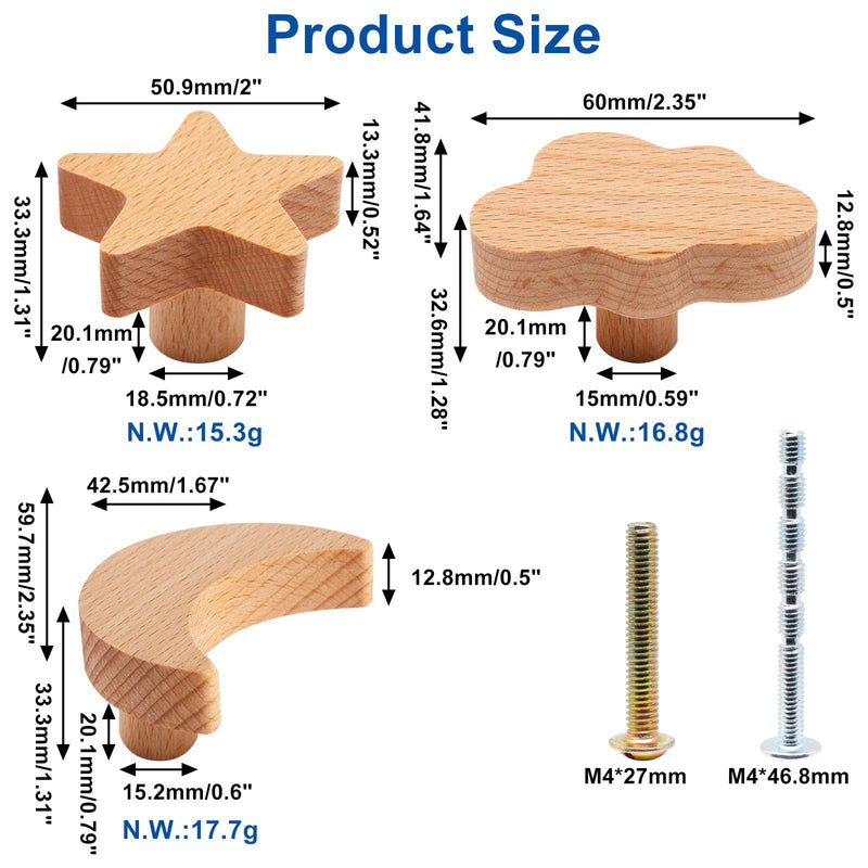 18pcs Wooden Cabinet Knobs, Star and Moon Shape Drawer Pulls Nursery Dresser Knobs Woodland Wooden Knob for Crafts Handles for Furniture Cupboard Closet Door (Moon Star Cloud) 18 Moon/Star/Cloud