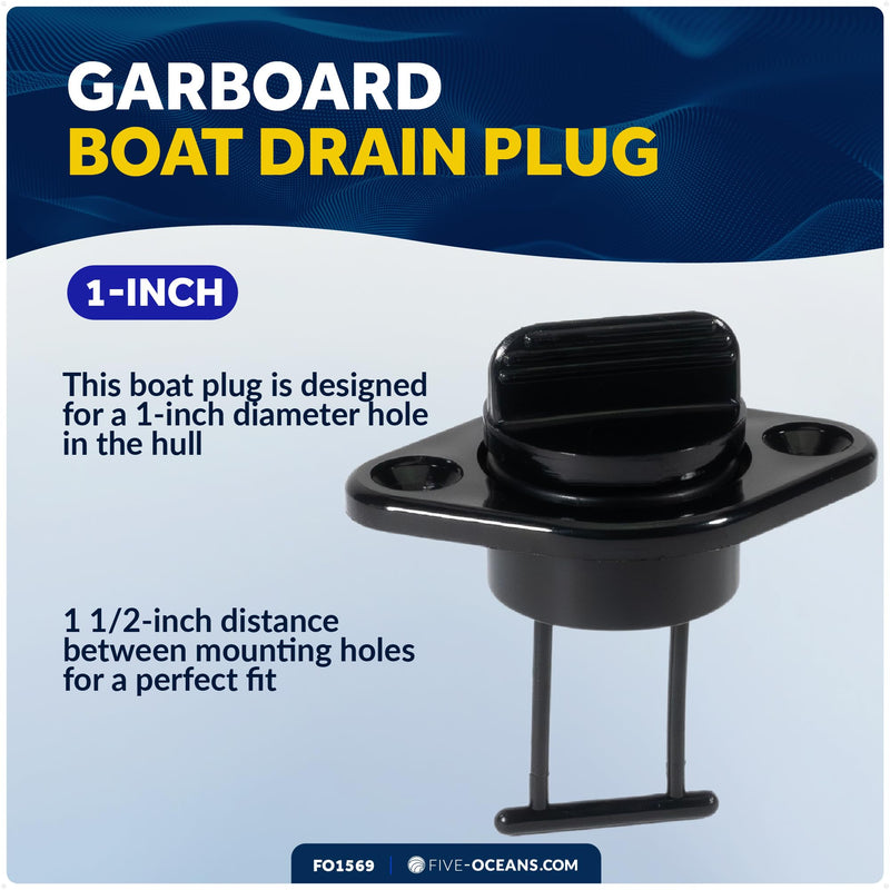 Five Oceans Kayak Drain Plug - Boat Plug - Boat Drain Plug - Captive Garboard Drain Plug, for 1-Inch Transom Hole, Oval Shape, Thread with Rubber Washer Gaskets, Black Nylon - FO1569