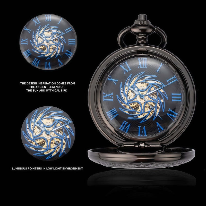 Mechanical Pocket Watch, for Men Women Special Magnifier Half Hunter Engraved Case Roman Numerals with Chain Bc. Sun-God-Bird, Black Blue