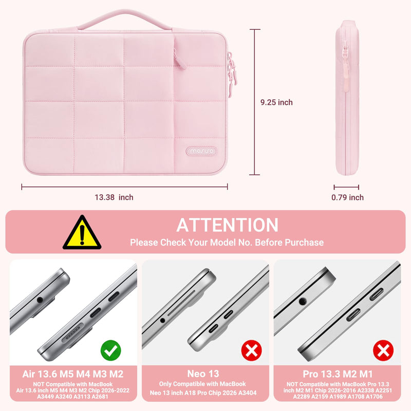 MOSISO Compatible with MacBook Air 13 inch Case M5 M4 M3 M2 2026-2022 | Reinforced Hard Shell&Puffy Bag&Keyboard/Webcam Cover&Screen Film for Mac Air 13.6, A3449 A3240 A3113 A2681, Pink