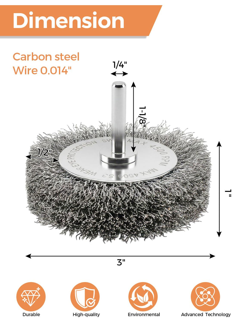 3in Wire Wheel Brush for Drill Attachment – Heavy Duty 0.014" Coarse Crimped Carbon Steel Wire Brush, 1" Thickness, 1/4" Shank– Rust, Paint & Corrosion Removal 4Pack 4 3in