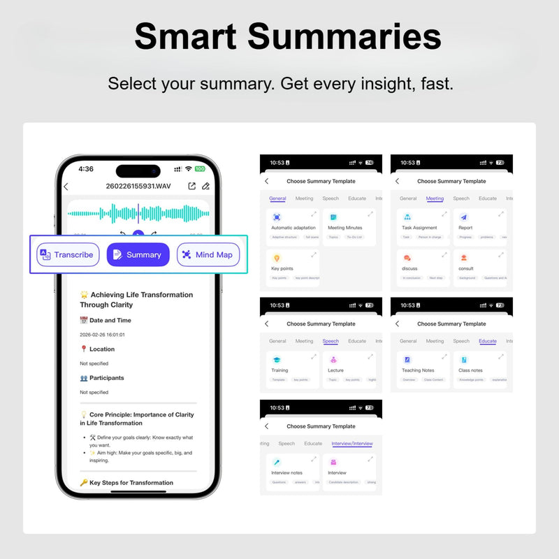 SKARA AI Voice Recorder with Real-Time Transcription, AI Summary & Mind Map, AI Note Taking Device Supports 150 Languages, Smart Digital Voice Recorder for Meetings, Lectures & Interviews Black