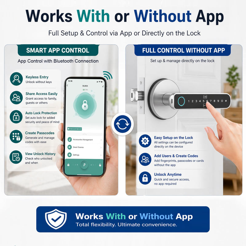 Fingerprint Door Lock, Smart Door Knob 5-in-1 with App Control & Standalone Mode, Keyless Entry with Fingerprint, Keypad Code, IC Card & Keys, Auto Lock, Silver