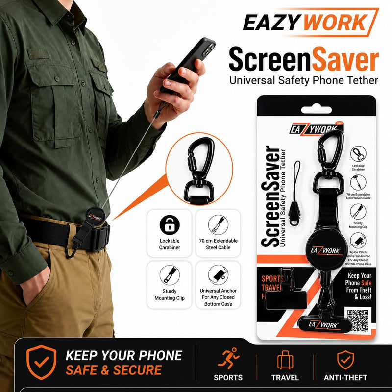 Retractable Phone Tether with Locking Carabiner & metal 360° Anti-Theft Phone Lanyard, 27.5" Steel Cable Phone Leash Black