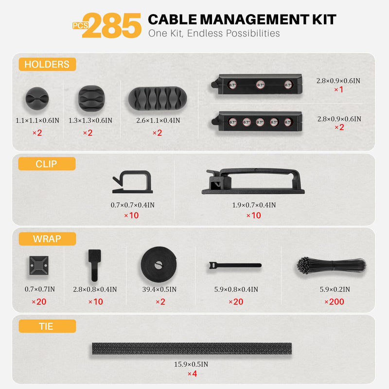 285 PCS Cable Management Kit - for Computer TV Under Desk - Black | cable organizer electrical cord management