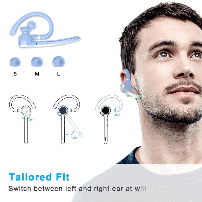HEIBAS Bluetooth Headset, Wireless Earpiece with Mic for Work Light Blue | 72H Playtime, 500mAh Charging Case, Hands-Free Calling with Mute Button for Trucker, Office, Driving, iPhone, Light Blue