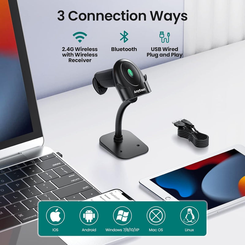 Barcode Scanner with Stand, 2D 1D Code Bluetooth Scanners and Wireless Barcode Scanner, USB Wired Scanners for Computer POS, Handheld Bar Code Reader for Warehouse Library Supermarket