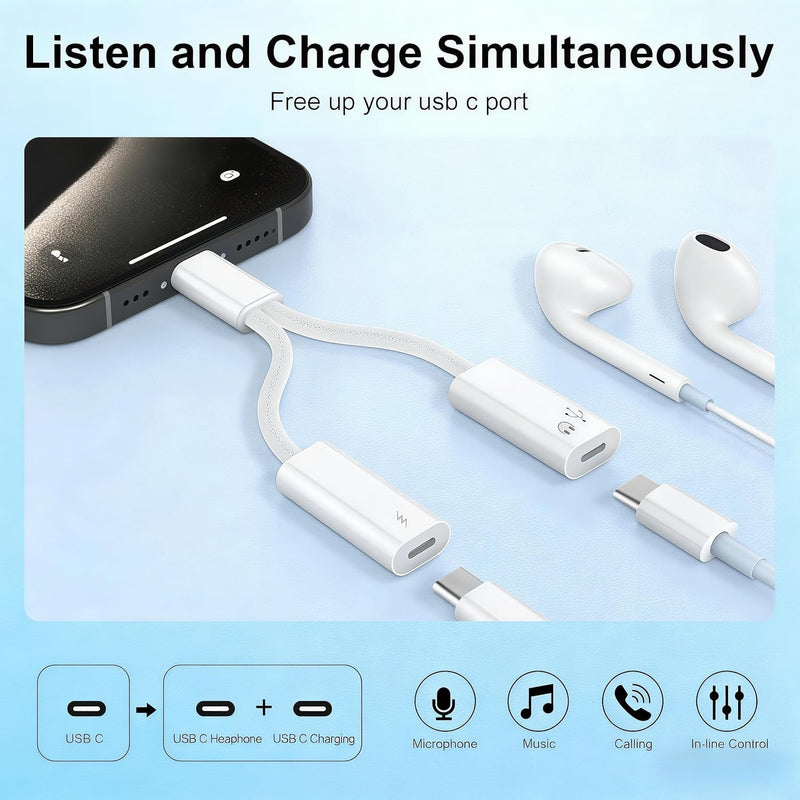 2 in 1 Usbc Splitter Aux and Charging Bundle [USB-c Splitter & USB C to 3.5mm Jack and Charger],PD 60W Fast Charging and Hi-Fi Audio,for iPhone 15 16 17/iPad Pro/Galaxy/Pixel 2 Style usb c splitter kit