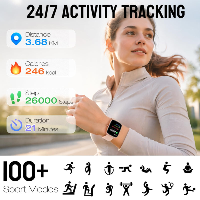 Smart Watch for Women, 1.83" HD Fitness Tracker (Answer/Make Call) with 24/7 Heart Rate/Sleep/SpO2 Monitor, IP68 Waterproof, 100+ Sport Modes Smartwatch for iPhone/Samsung/Android (Rose Pink) Rose Pink