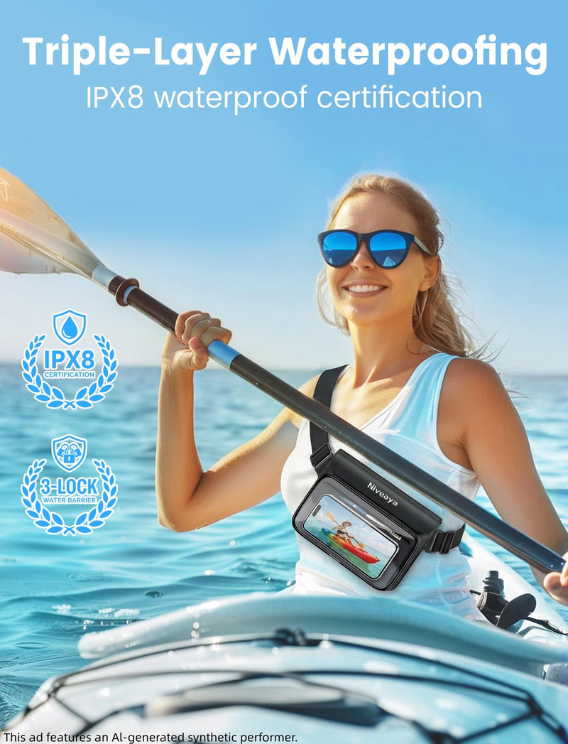 Niveaya IPX8 Waterproof Fanny Pack for Men Women, Large Capacity Touch Screen Dry Bag for Kayaking, Paddle Boarding, Waterpark & Swimming Essentials, Adjustable Waist Strap Pouch for Cell Phone Black&Army Green