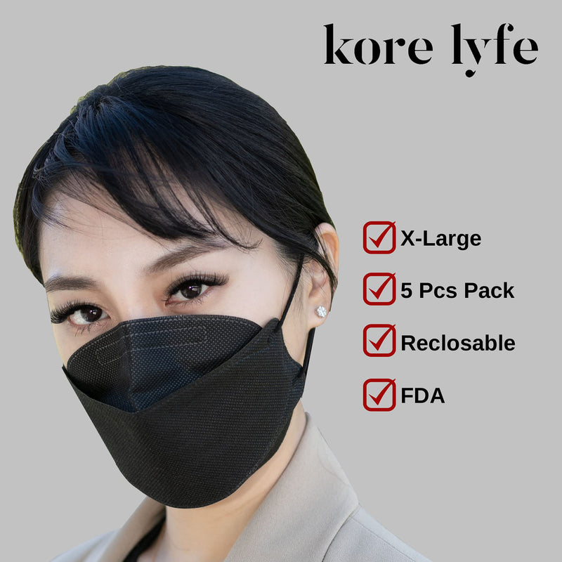 [25 PCS] 25% LARGER KF94 Face Mask - X-LARGE BLACK - [Made in Korea] - In 5 PCS Reclosable Package - Breathable Premium Quality - [Package in English]